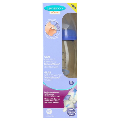 Abbildung für LANSINOH Weithalsflasche Glas 240 ml mit Sauger M